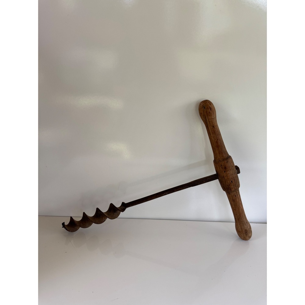 Antique T-Handle Wood Auger Drill Primitive Hand Forged Iron Tool 21 Inch